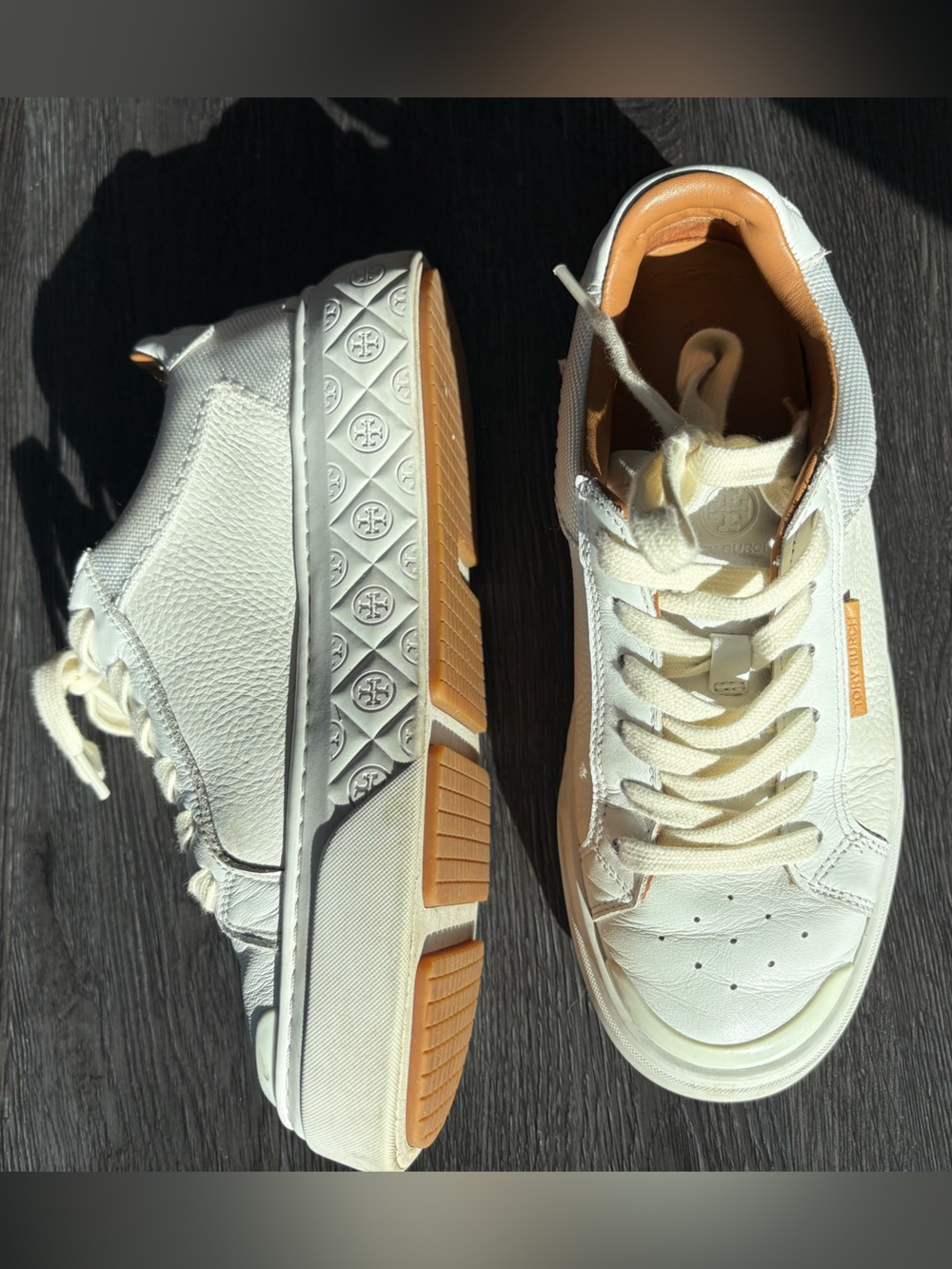 Tory Burch White and Tan Leather Platform Sneakers
